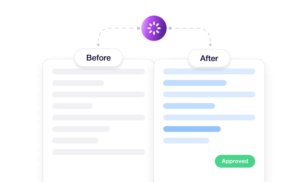Side-by-side comparison of before and after text with after section highlighted and marked approved.
