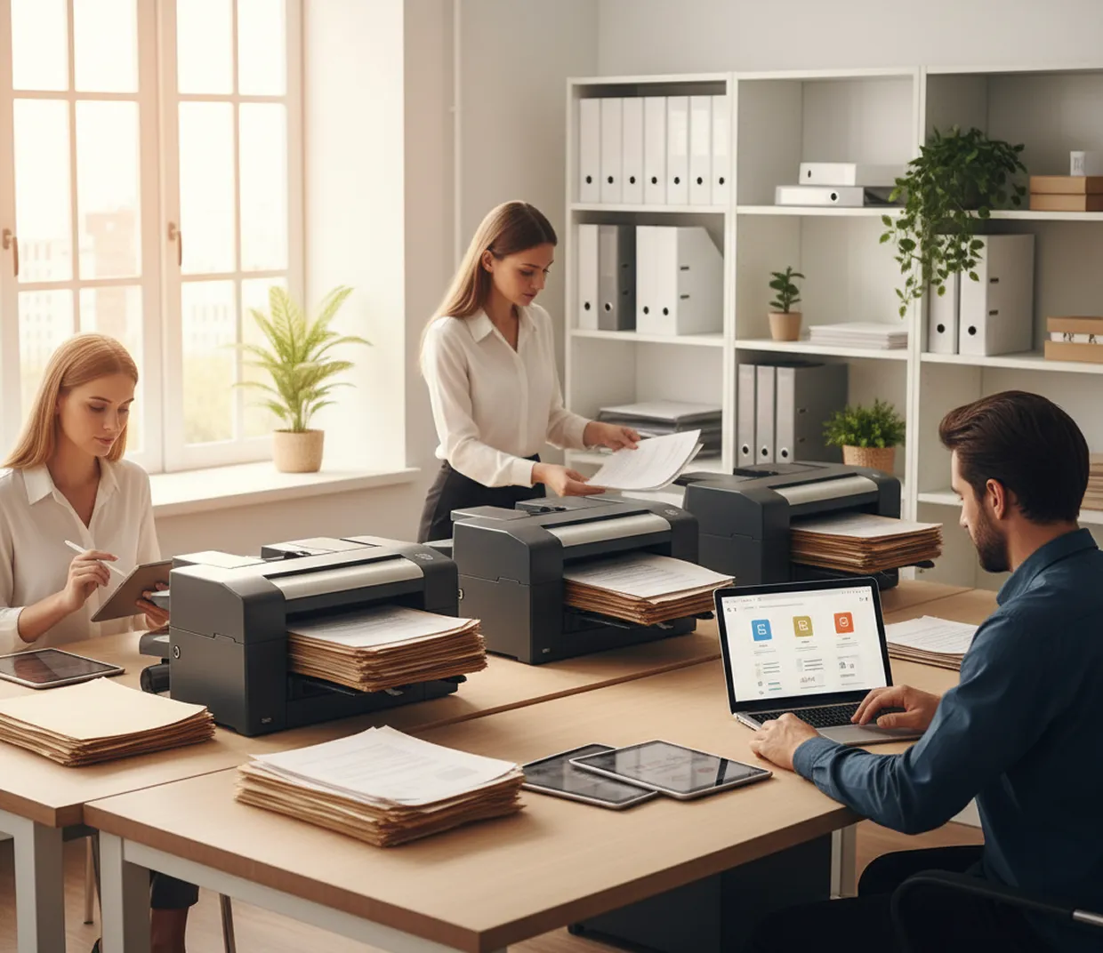 Three people working with documents, scanners, tablets, and laptop in a bright office with shelves and plants.