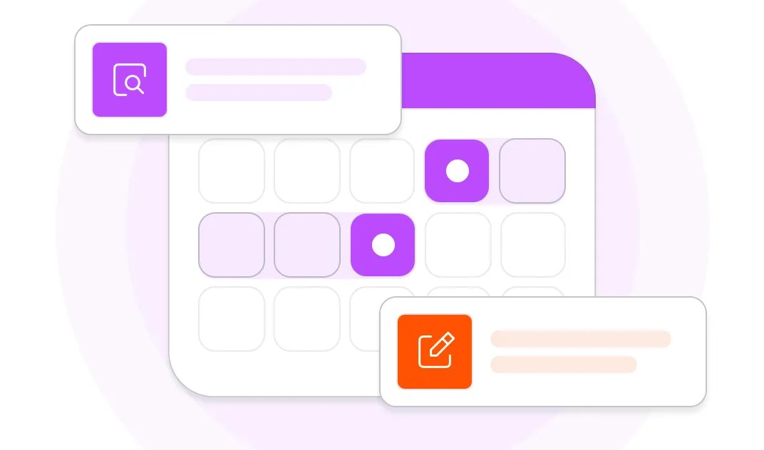Calendar with highlighted purple dates and overlay boxes showing search and edit icons.