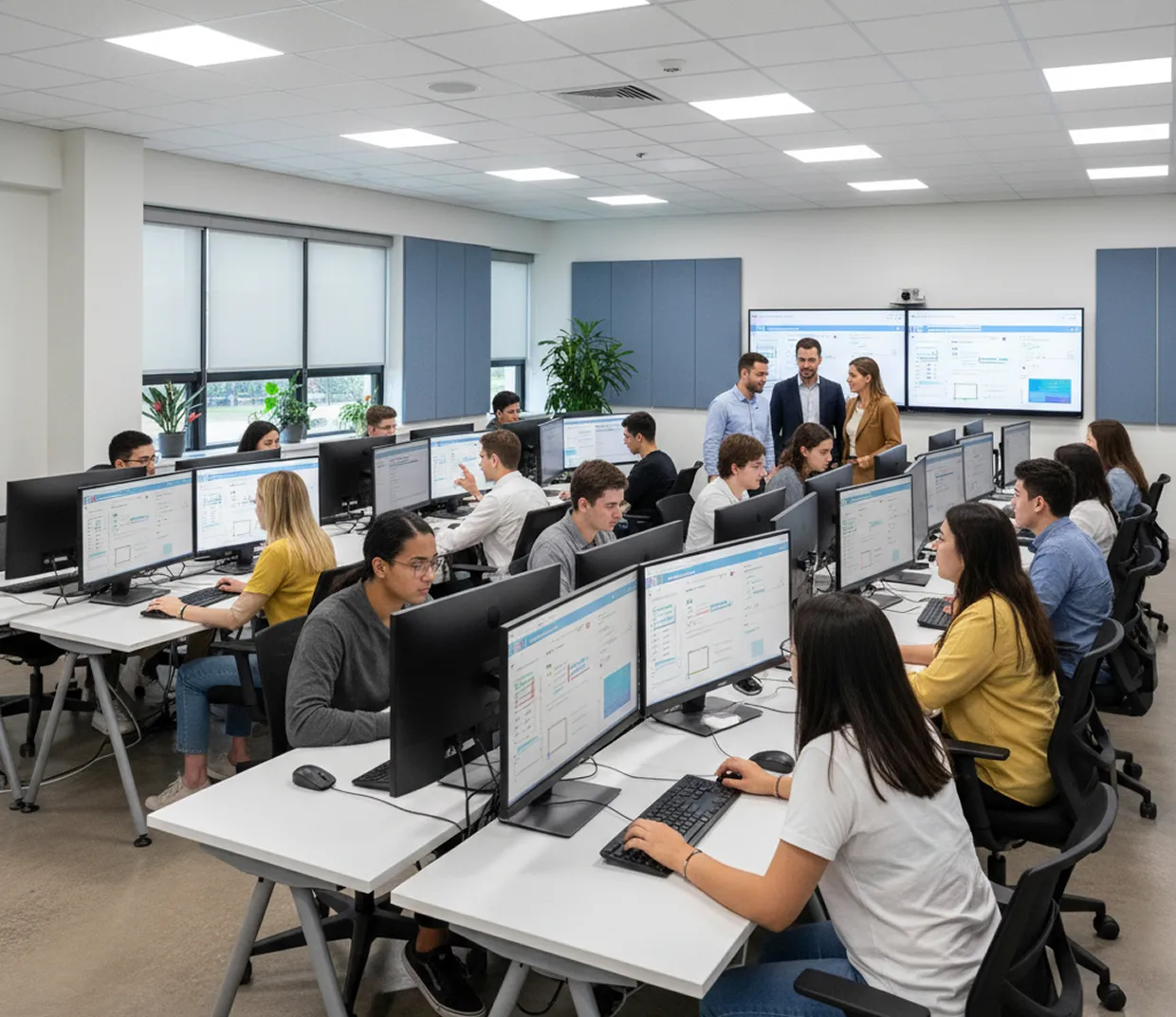 Students working on desktop computers in a modern classroom with instructors discussing by wall monitors.