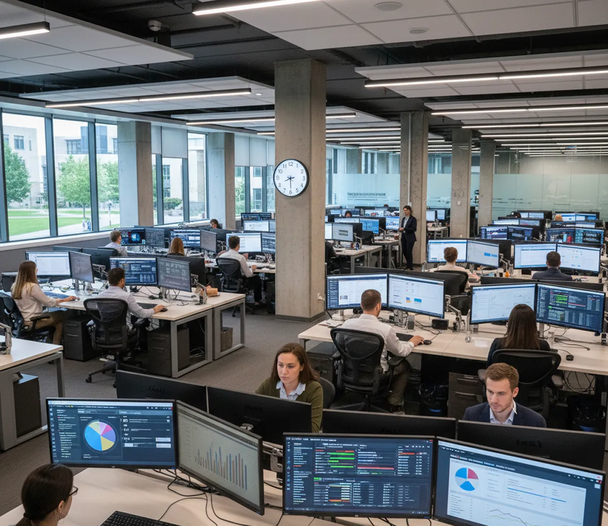 Modern office with many workers at desks using multiple monitors displaying data and charts.
