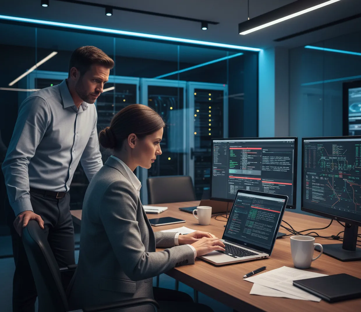 Two professionals working on cybersecurity with multiple screens displaying code in a dark office.