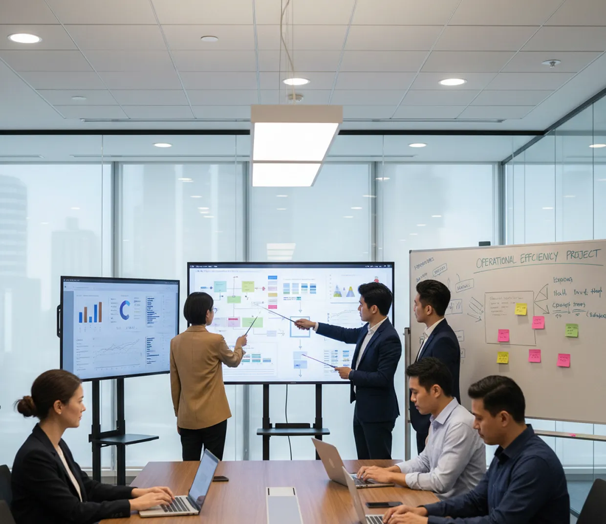 Business team presents data and charts on screens and whiteboard during a meeting in a modern office.