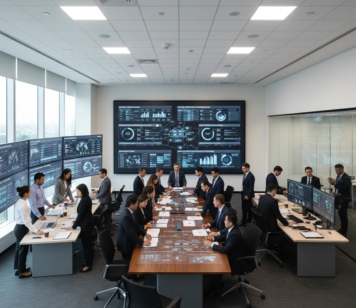 Business team in a conference room with multiple data screens and digital charts on tables and walls.