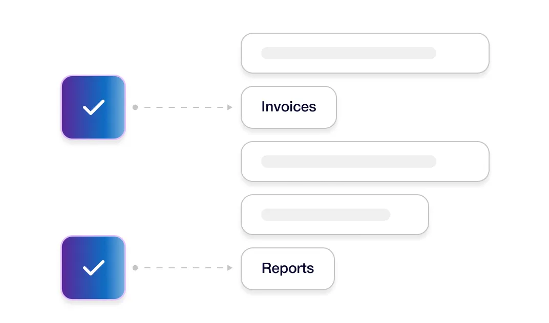Two blue checkmark icons connected by arrows to boxes labeled Invoices and Reports with blurred text.