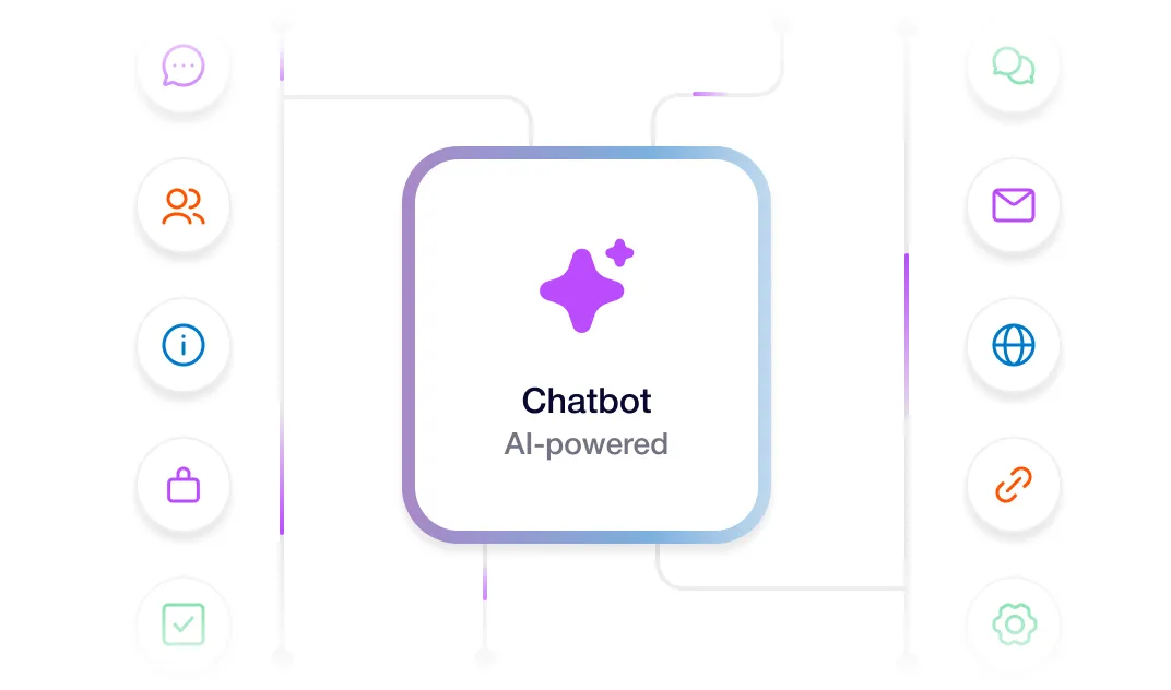 AI-powered chatbot icon with purple sparkles in a white square with rounded edges.