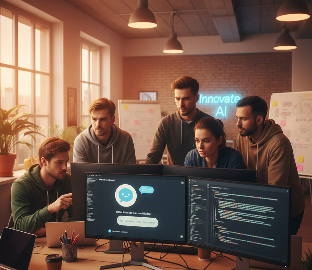 Team of five developers working on AI chatbot software with code and chat interface on monitors.