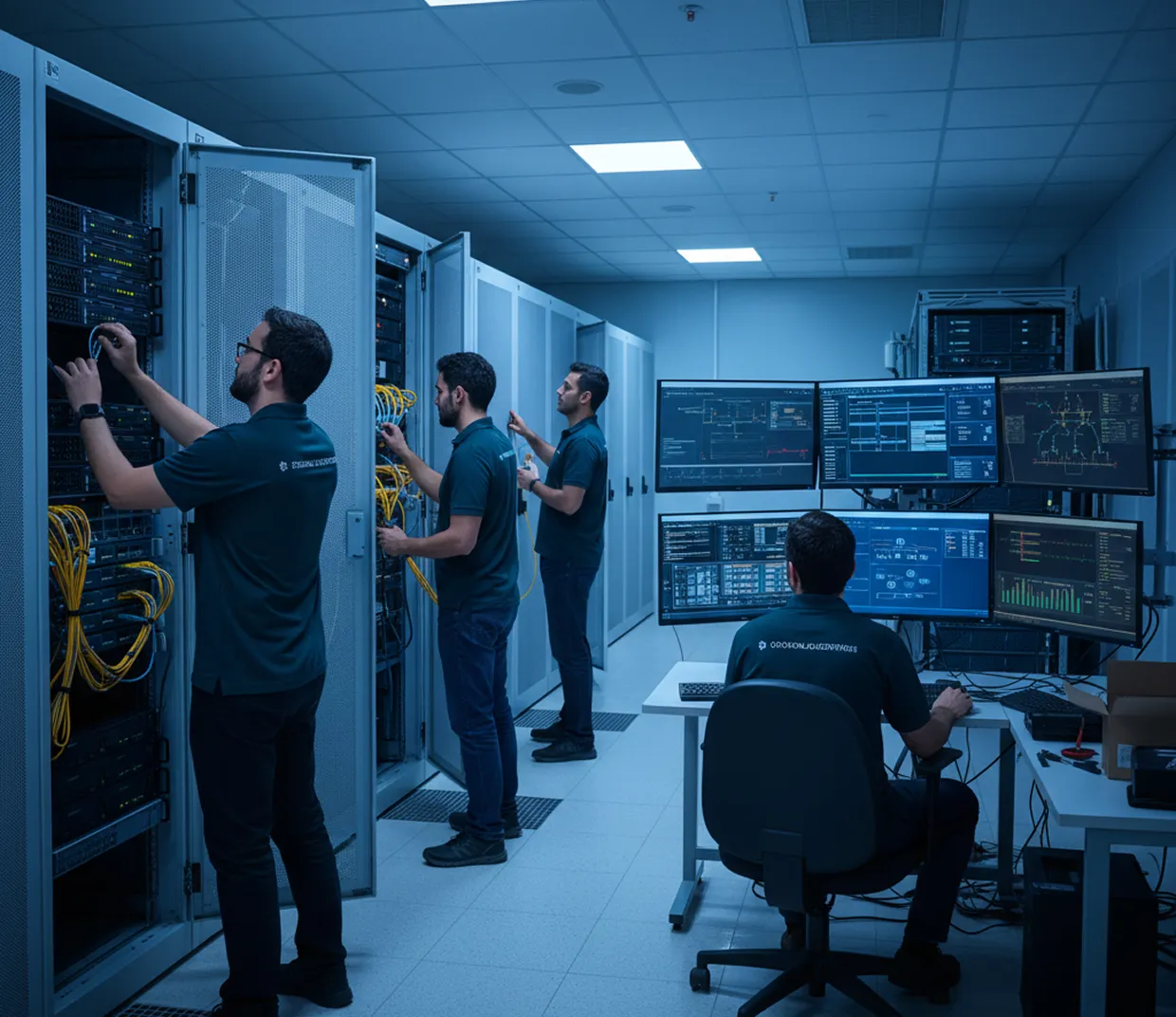 Four IT technicians maintain servers and monitor multiple screens in a data center room with server racks.
