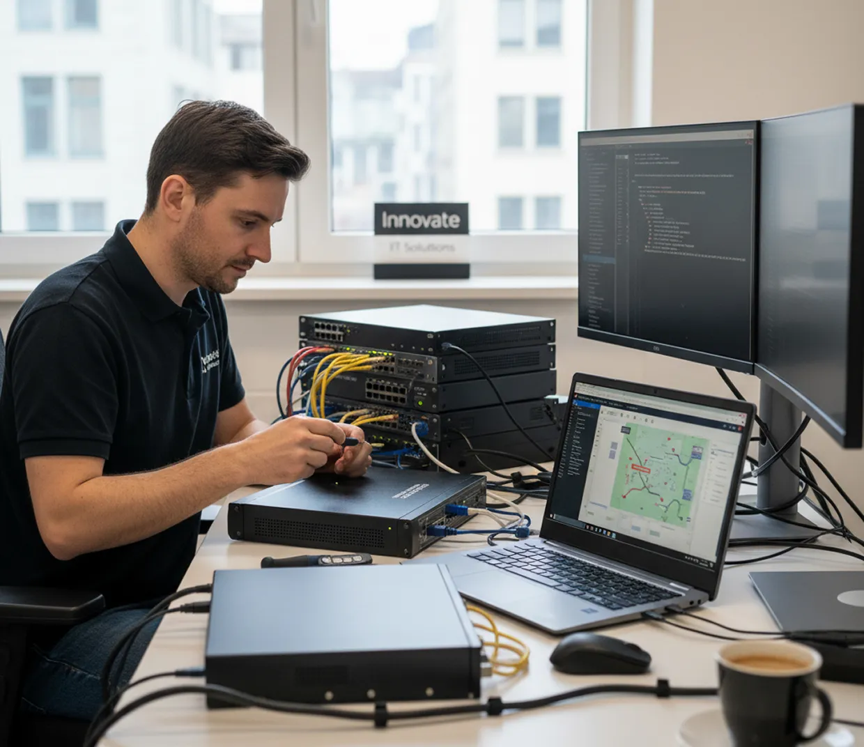 Man working with network hardware and laptop displaying network map in modern office.