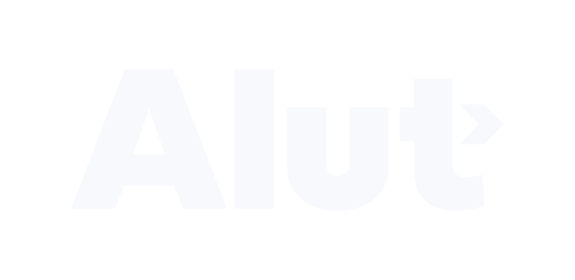 Logo med teksten 'Alut' i hvitt på svart bakgrunn, med en høyrepil som en del av bokstaven t.