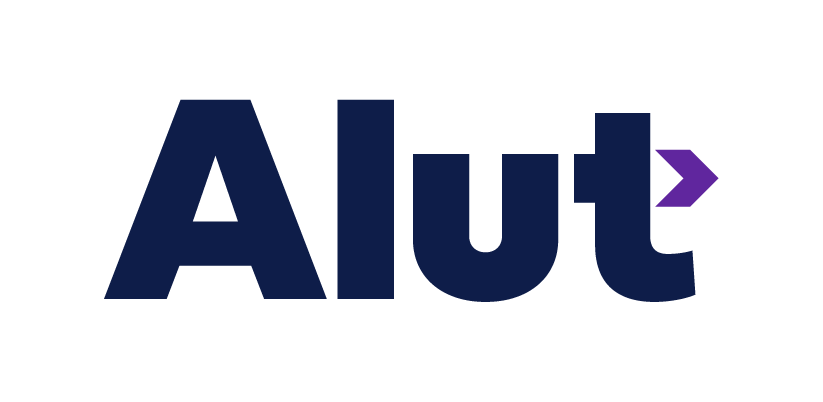 Logo med ordet Alut i mørk blå skrift med en lilla pil som peker mot høyre ved slutten av ordet.