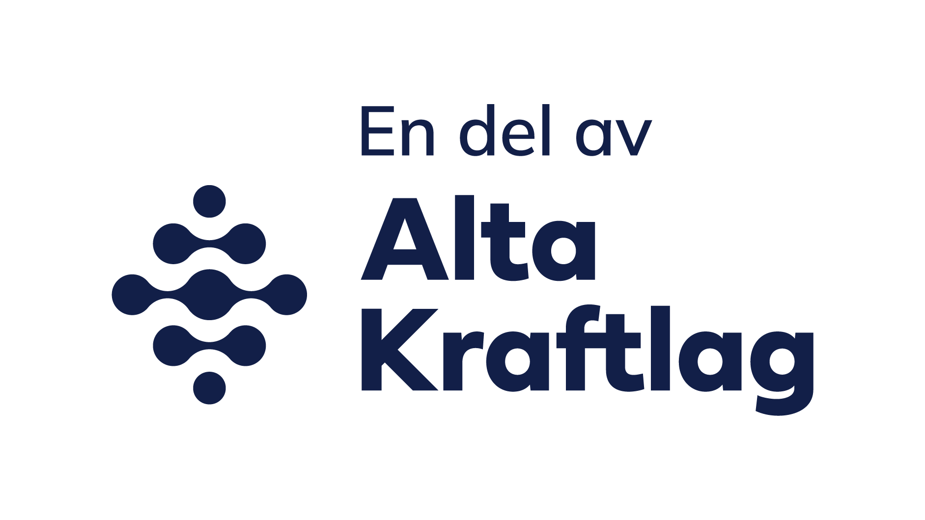 Logo med tekst 'En del av Alta Kraftlag' og et mørkeblått symbol ved siden av.