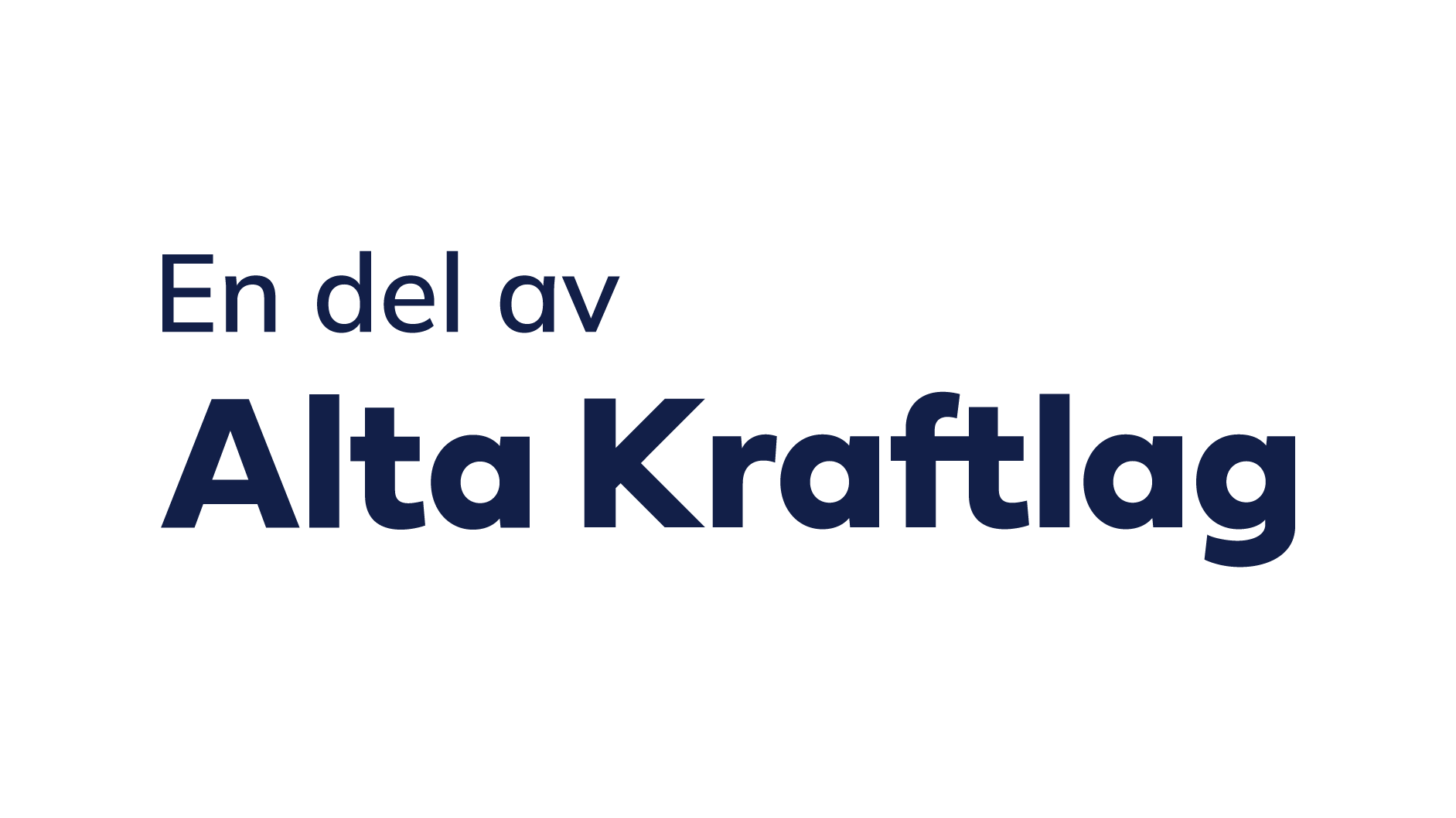 Tekst på hvit bakgrunn som sier 'En del av Alta Kraftlag' med 'Alta Kraftlag' i fet mørk blå skrift.