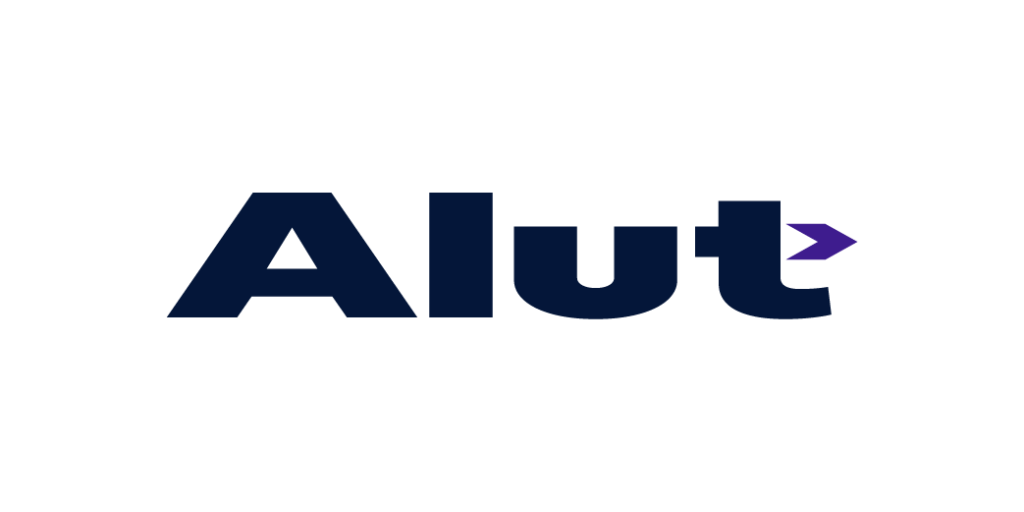 Logo for Alut med bokstavene i blått og en lilla høyrepil i bokstaven t. Eksempel på ukorrekt logo.