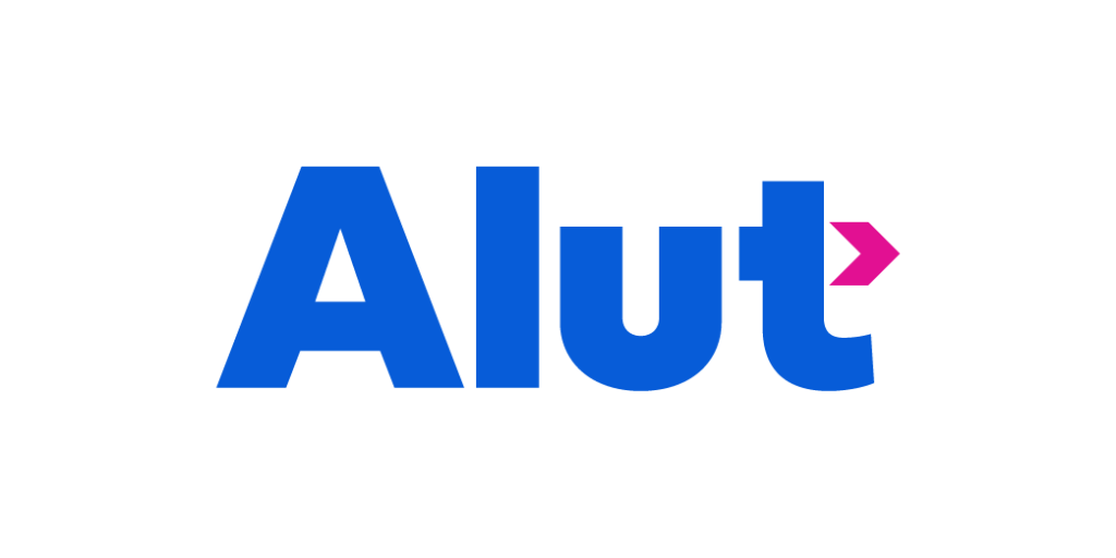 Alut-logo med blå bokstaver og en rosa pil til høyre. Eksempel på ukorrekt logo.