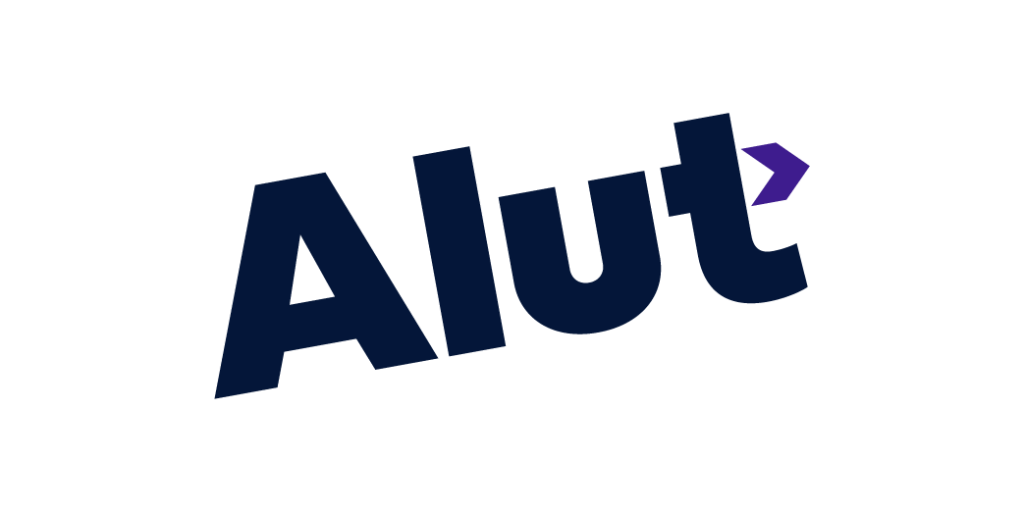 Logo for Alut, with dark blue bold letters and a small purple arrow pointing right above the 't'. Eksempel på ukorrekt logo.