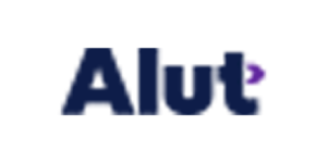 Alut bedriftslogo med mørk blå tekst og lilla ikon. Eksempel på ukorrekt logo.