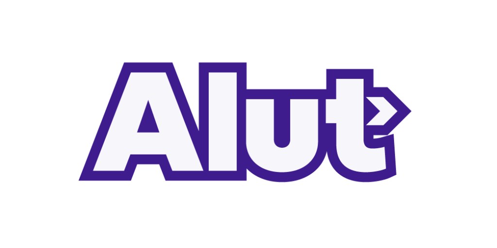 Logoen for Alut med hvit tekst og lilla ramme og en pil som peker til høyre som en del av bokstaven t. Eksempel på ukorrekt logo.