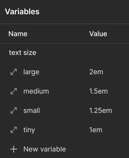 A black screen with a text box that says "text size" and a drop down menu with options for "tiny", "small", "medium", "large", "extra large", and "text size".