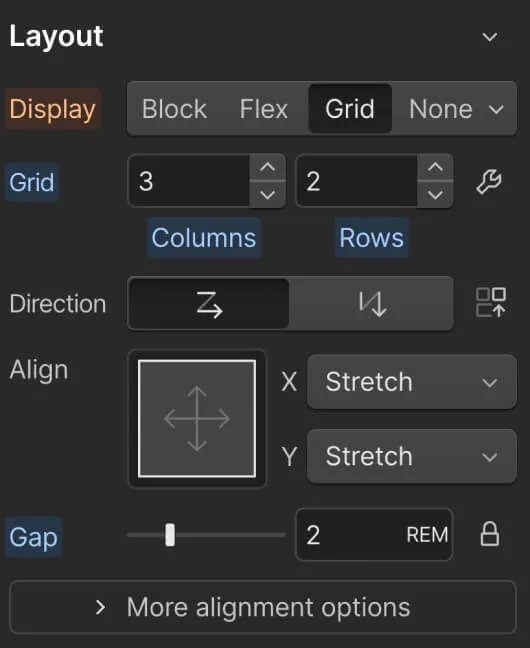 A black screen with a menu of options for a layout.