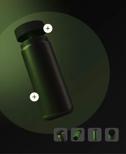 Schwarze Flasche mit schwarzem Schraubverschluss vor einem grünen und schwarzen Hintergrund, mit Miniaturansichten verschiedener Perspektiven darunter.