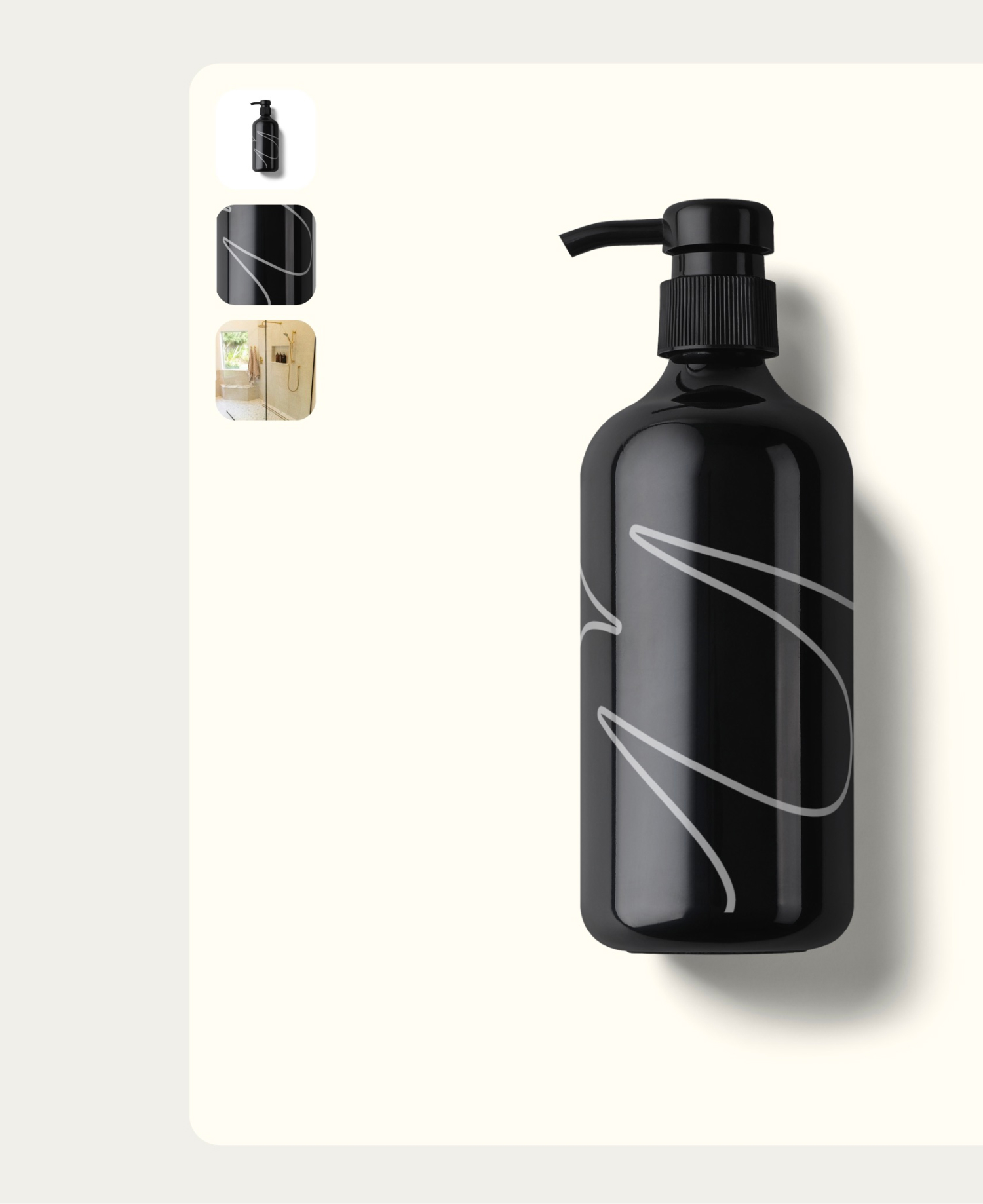 Schwarze Pumpflasche mit schlichtem silbernem Design auf hellem Hintergrund.