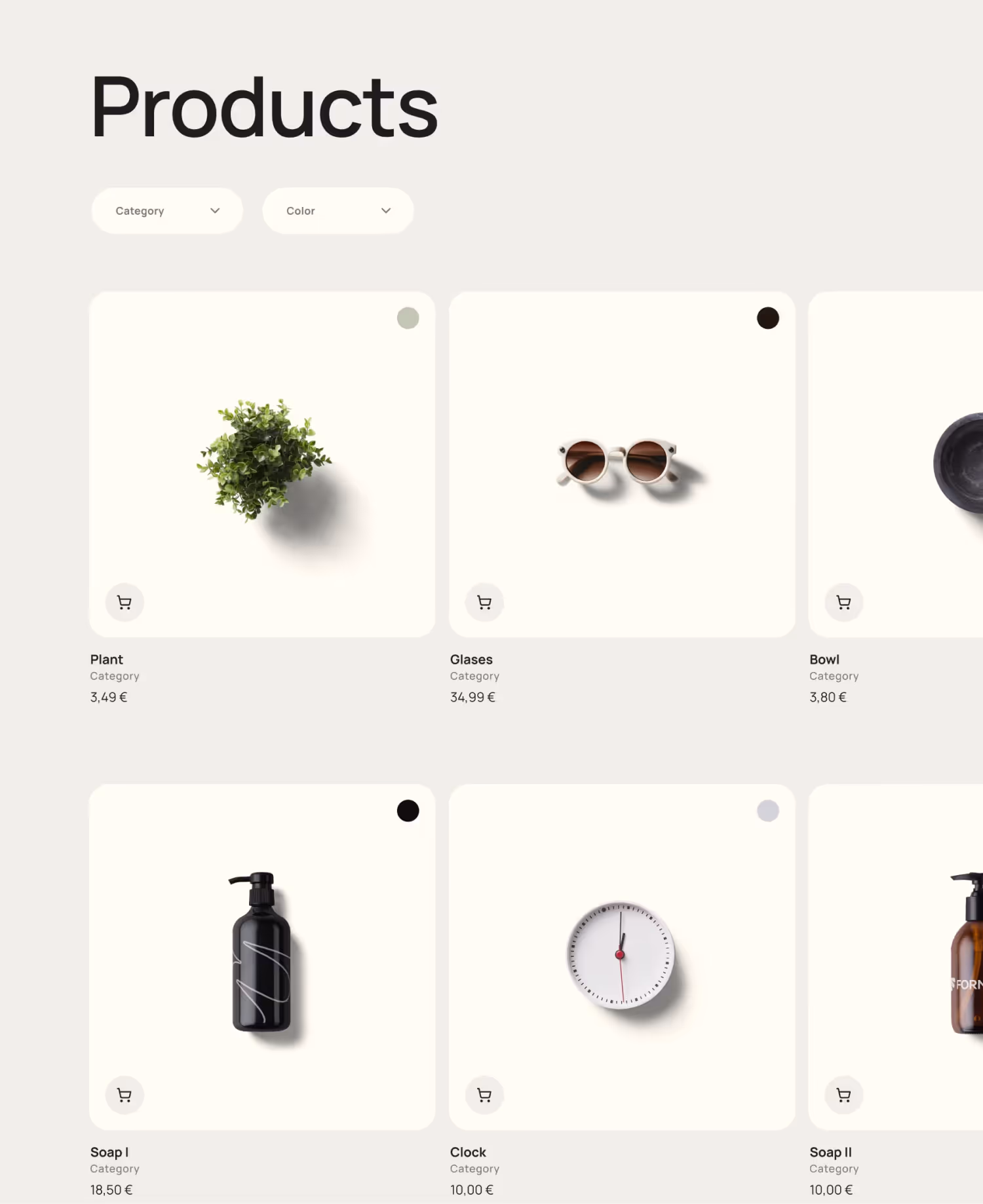 Produktübersicht mit sechs Artikeln: grüne Pflanze, braune Sonnenbrille, schwarze Schale, schwarze Seifenspenderflasche, weiße Wanduhr, braune Seifenspenderflasche.