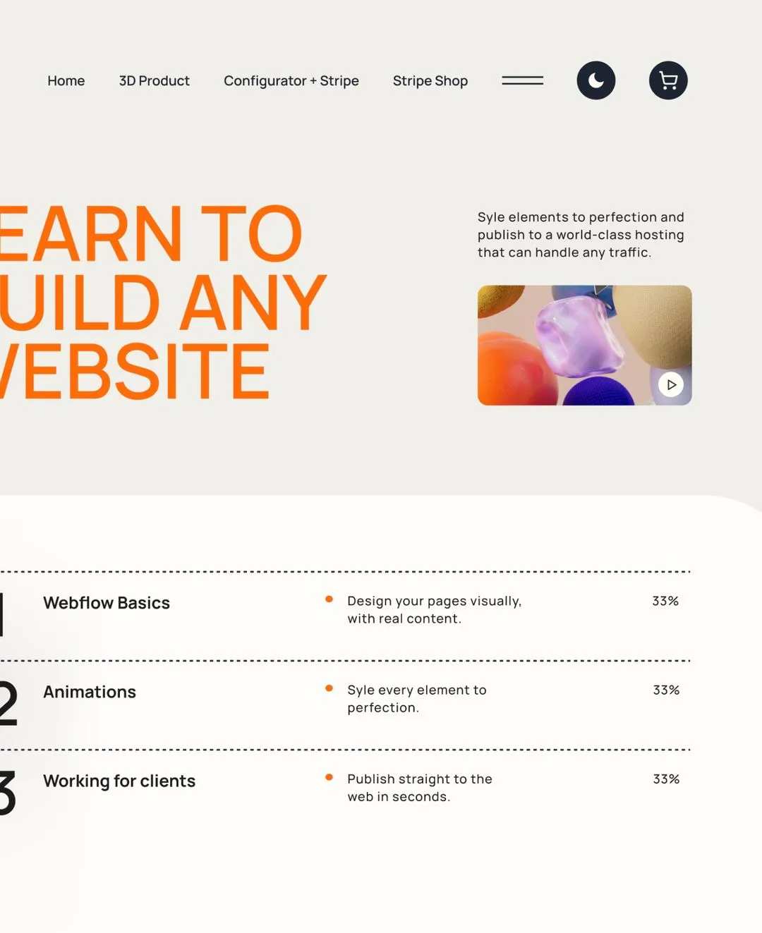 Webseite mit Menüoptionen, orangener Text für 'Learn to build any website', und Kursübersicht mit drei Abschnitten zu Webflow Basics, Animationen und Kundenarbeit.
