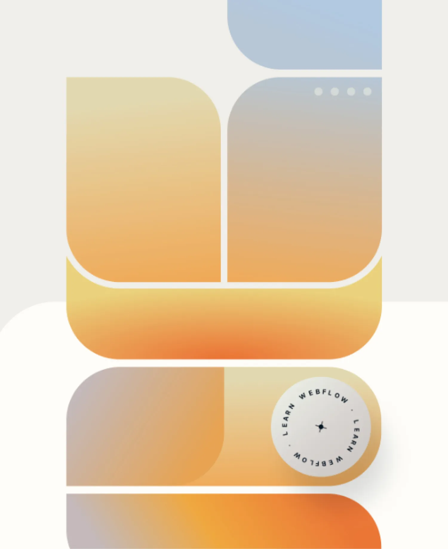 Abstraktes Design aus abgerundeten Rechtecken mit warmen Farbverläufen in Orange, Gelb und Blau, mit einem Kreis, der den Text ‚LEARN WEBFLOW‘ enthält.
