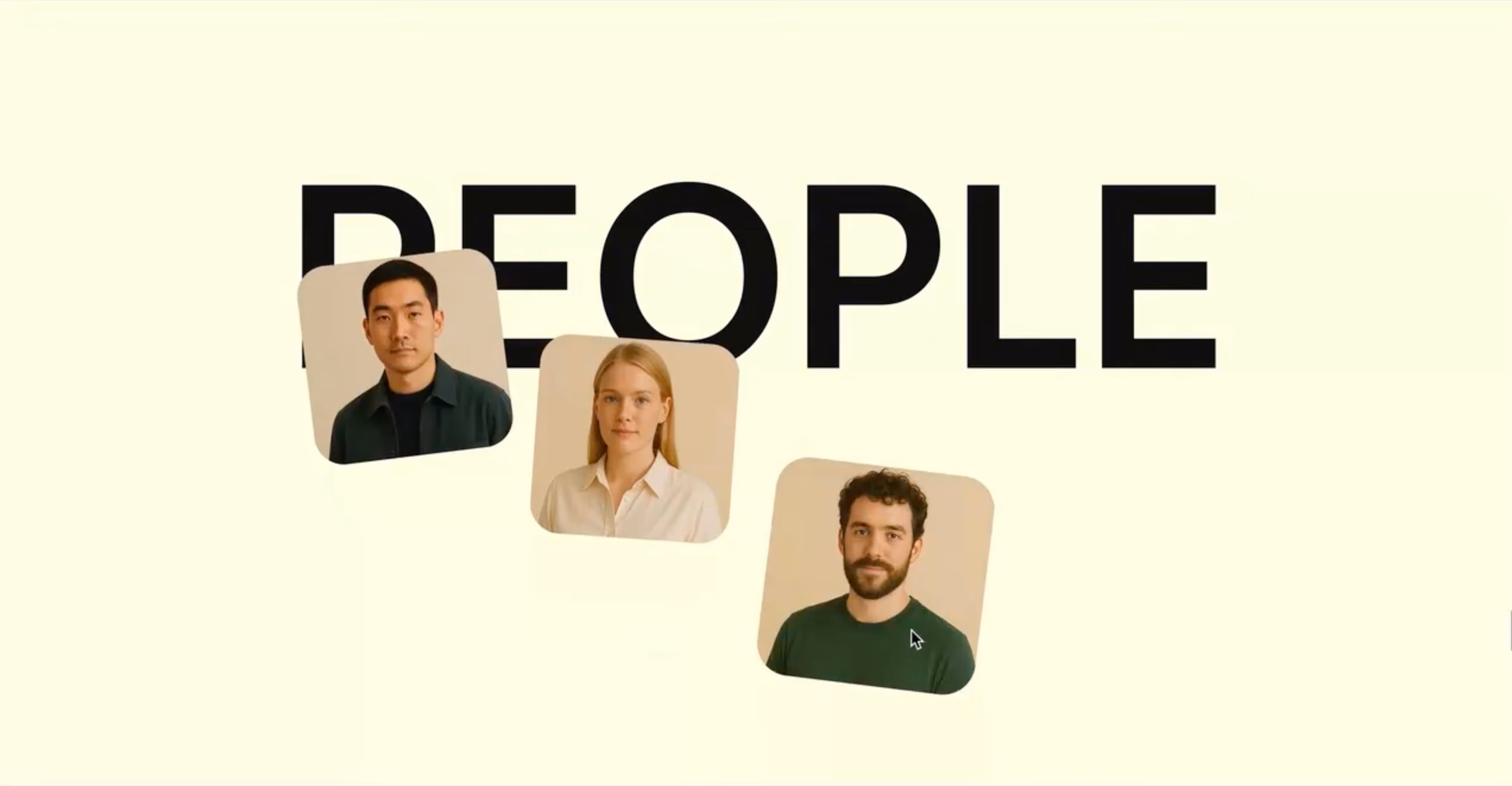 Drei Porträtfotos vor dem Wort PEOPLE auf hellem Hintergrund.