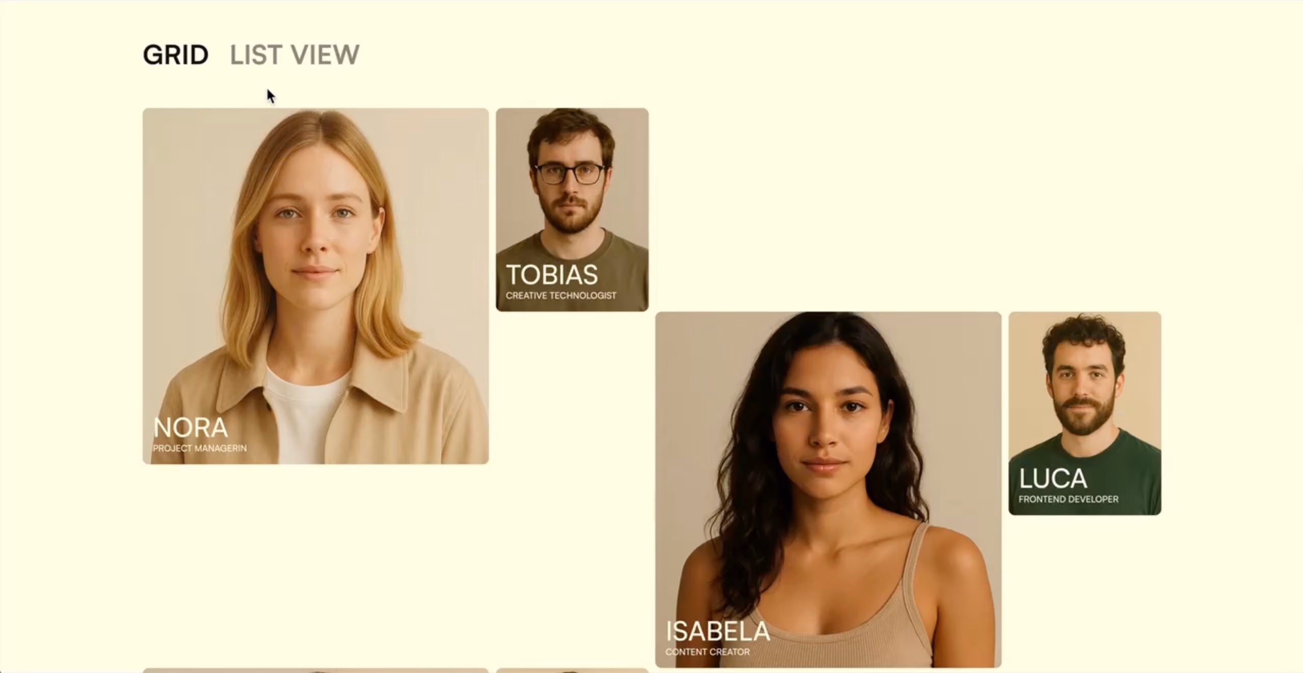 Vier Teammitglieder mit Namen Nora, Tobias, Isabela und Luca in einer Rasteransicht.