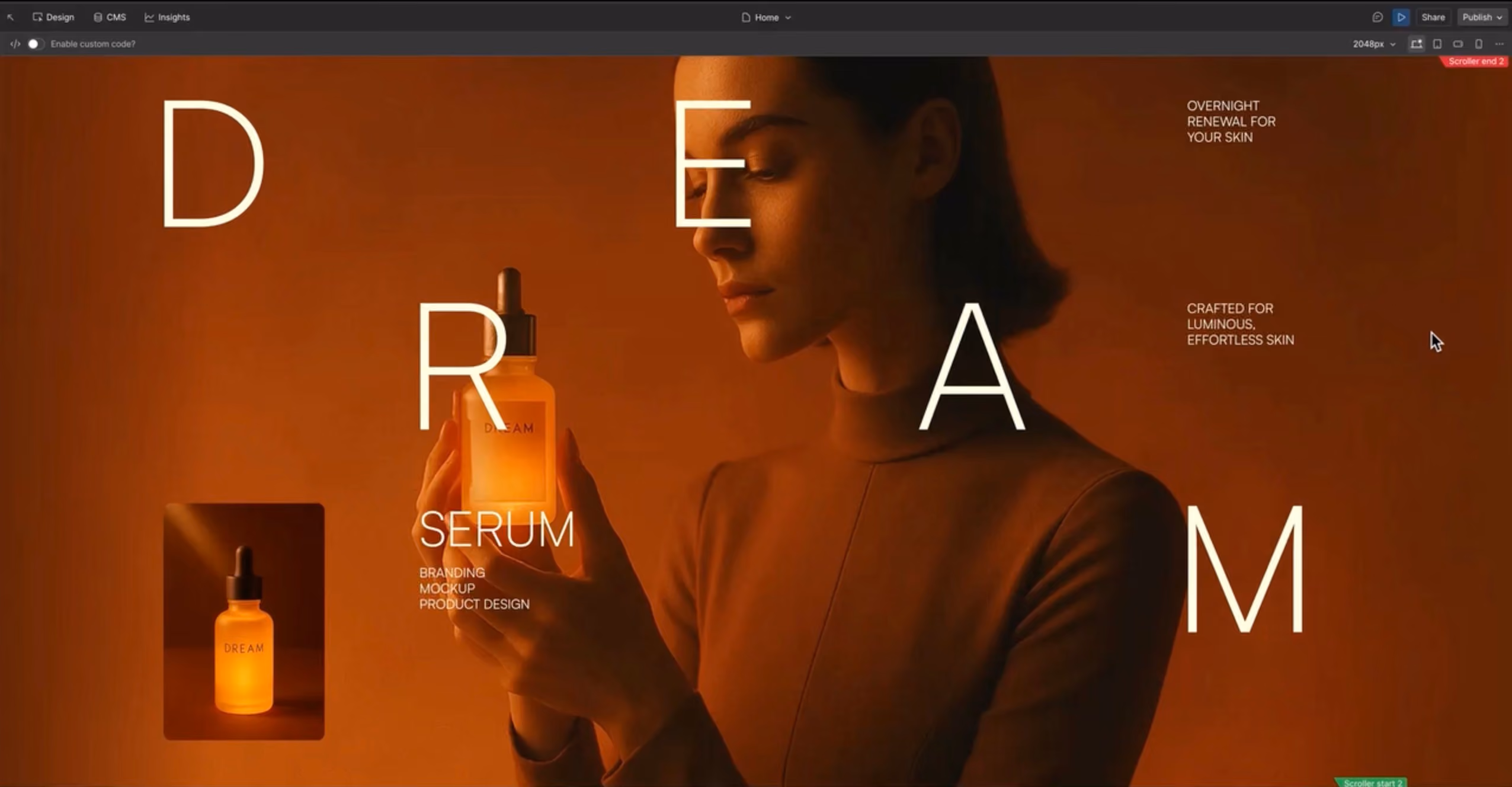 Frau hält Flasche mit Serum in orangefarbener Stimmung, textlich mit DREAM SERUM und Hautpflegehinweisen.