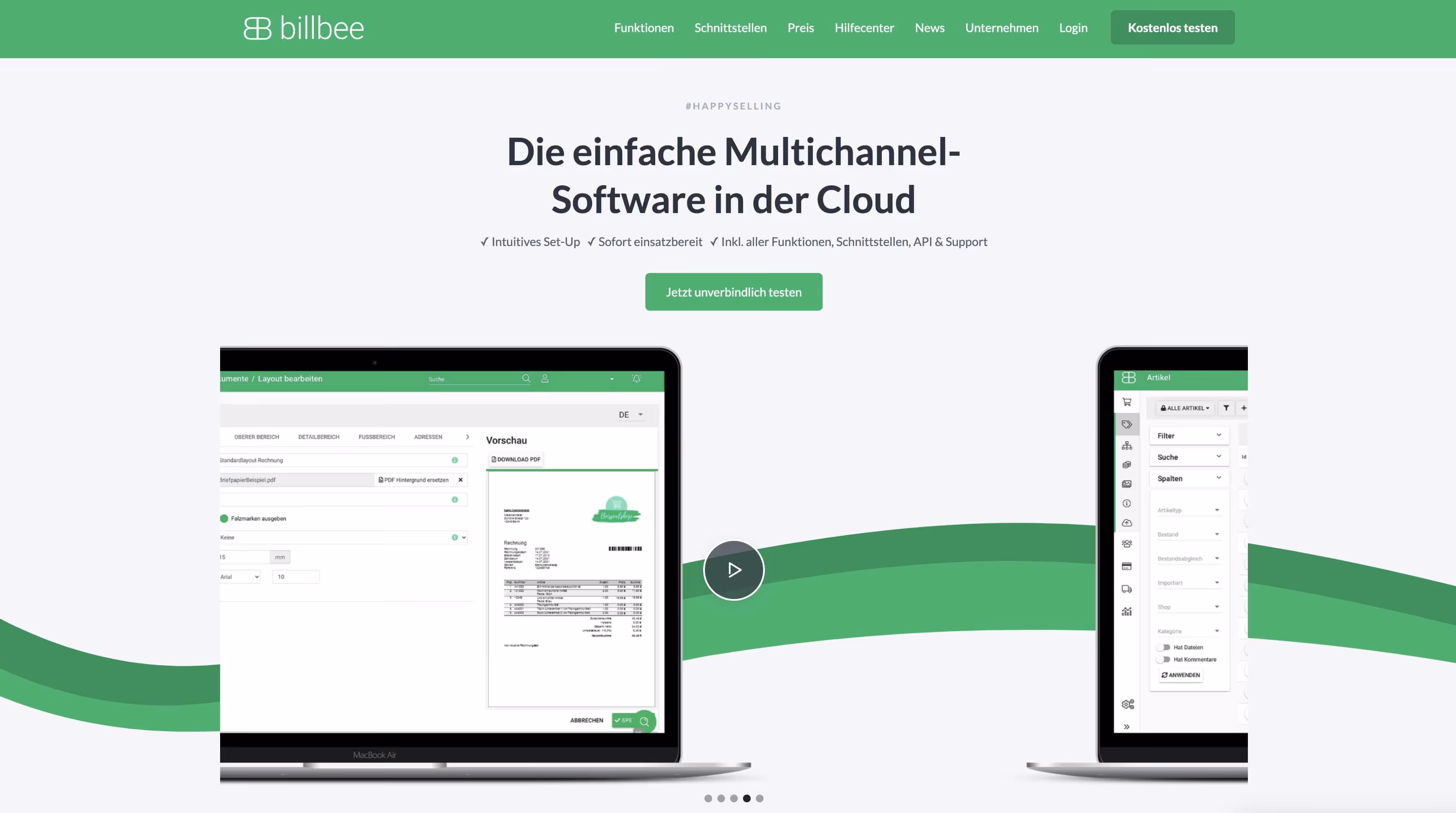 Screenshot Startseite billbee.io/