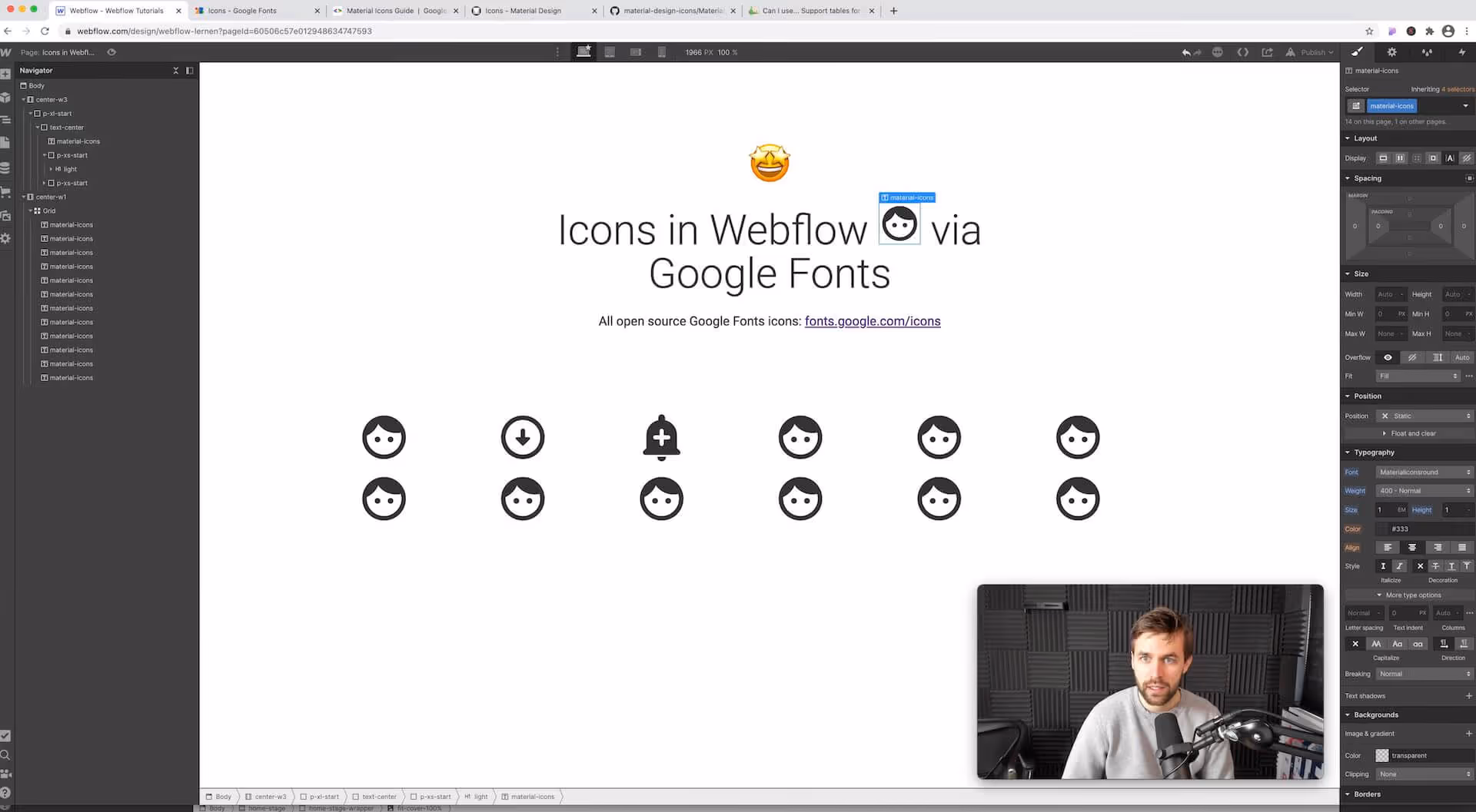 Google Font Icons können in jedem Textfeld und Headline eingesetzt werden
