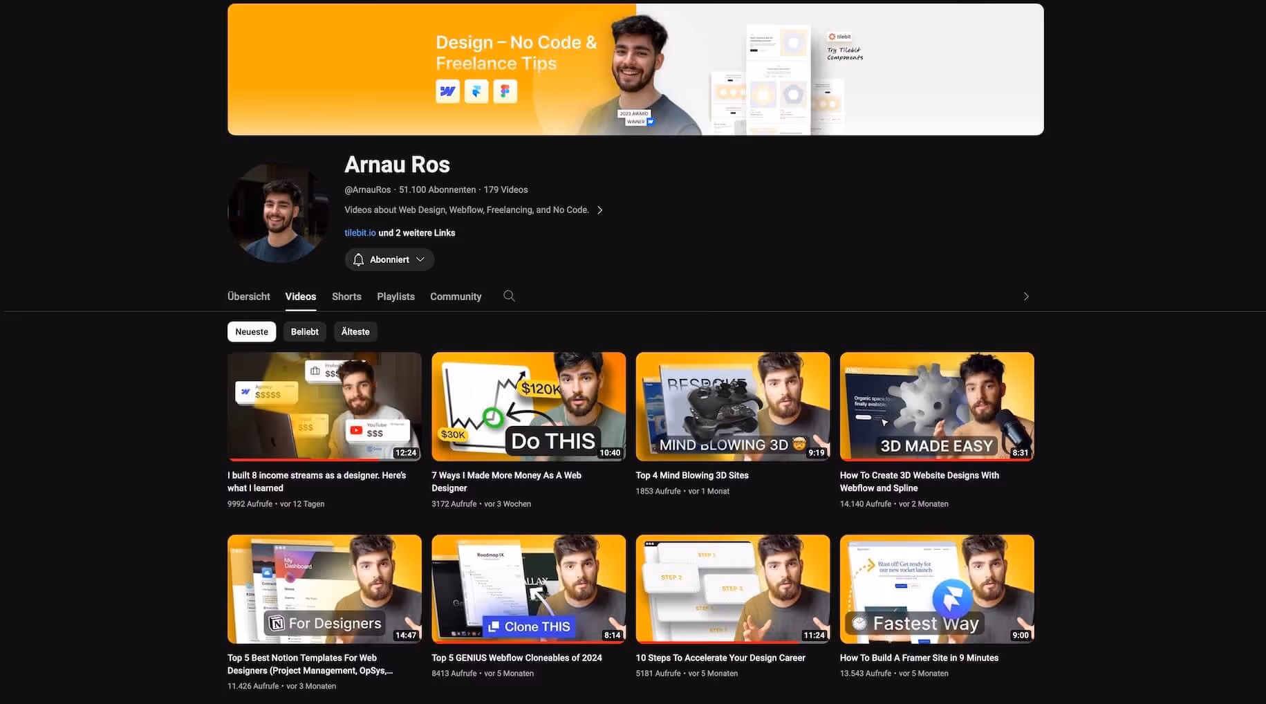 Screenshot YouTube Channel von Arnau Ros