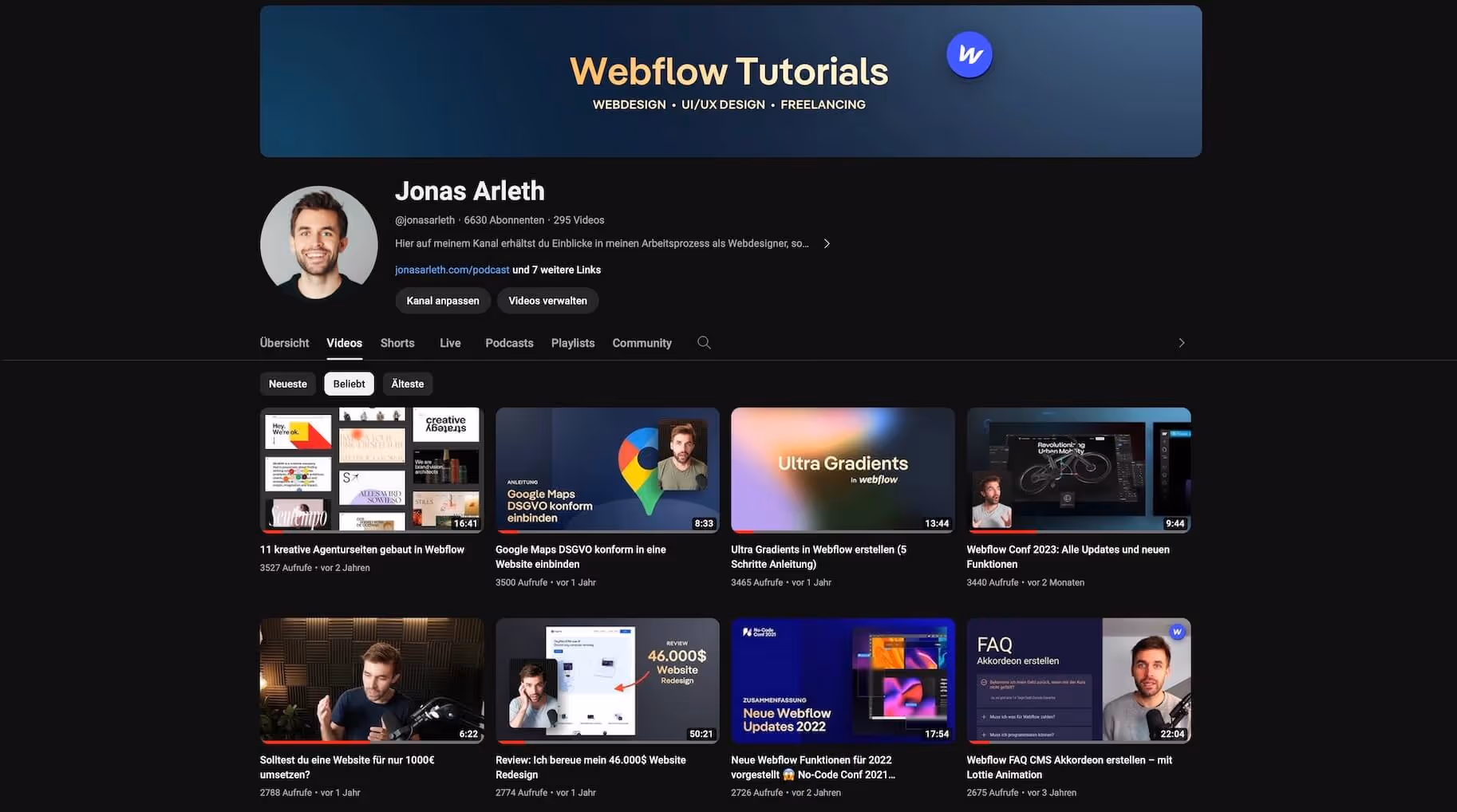 Webflow Tutorials auf YouTube von Jonas Arleth