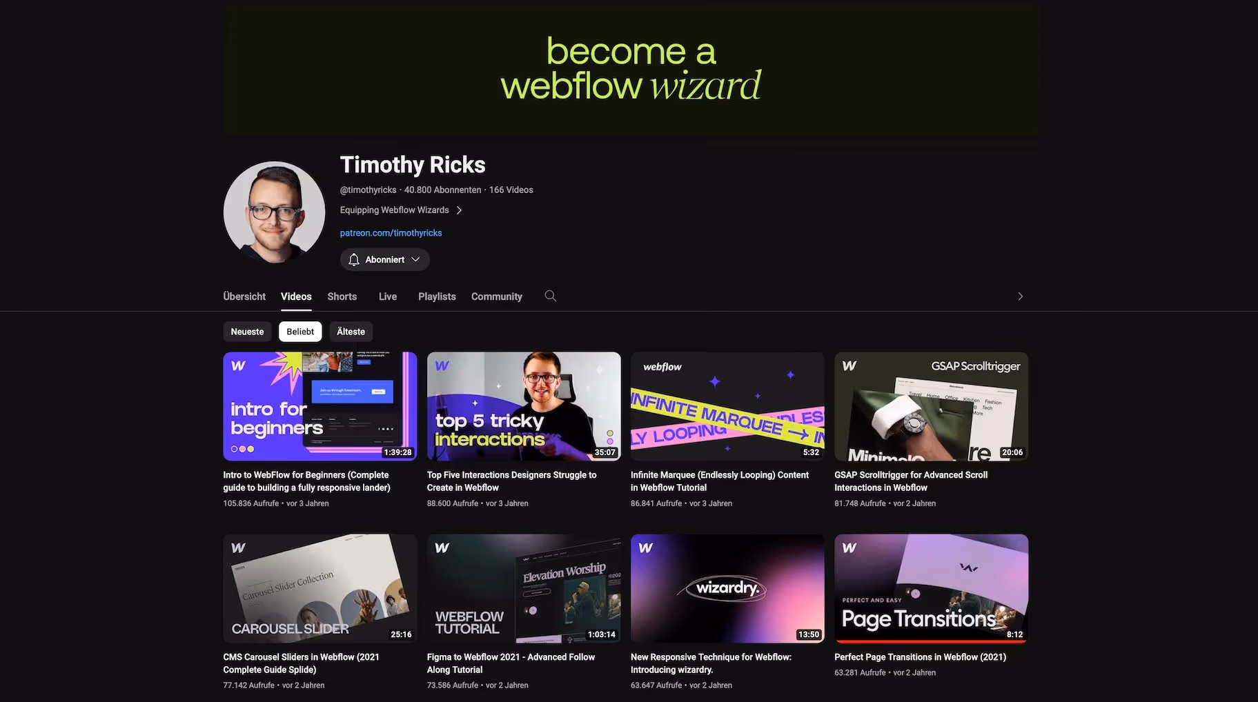 Webflow Wizard Timothy Ricks auf YouTube