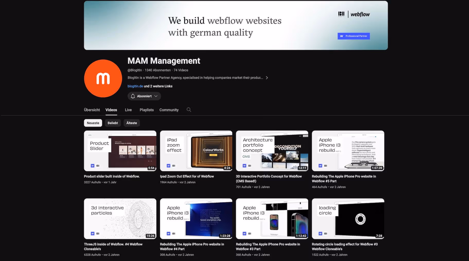 Screenshot des YouTube Kanals von MAM Management