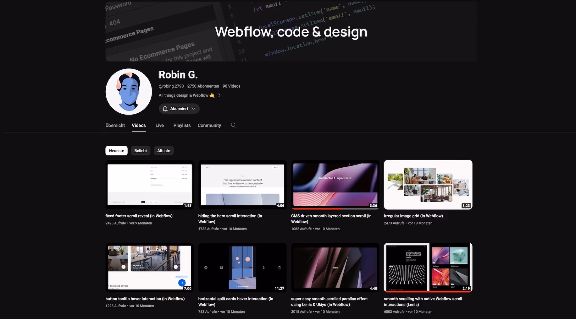 Screenshot des YouTube Kanals von Robin G. Webflow Designer