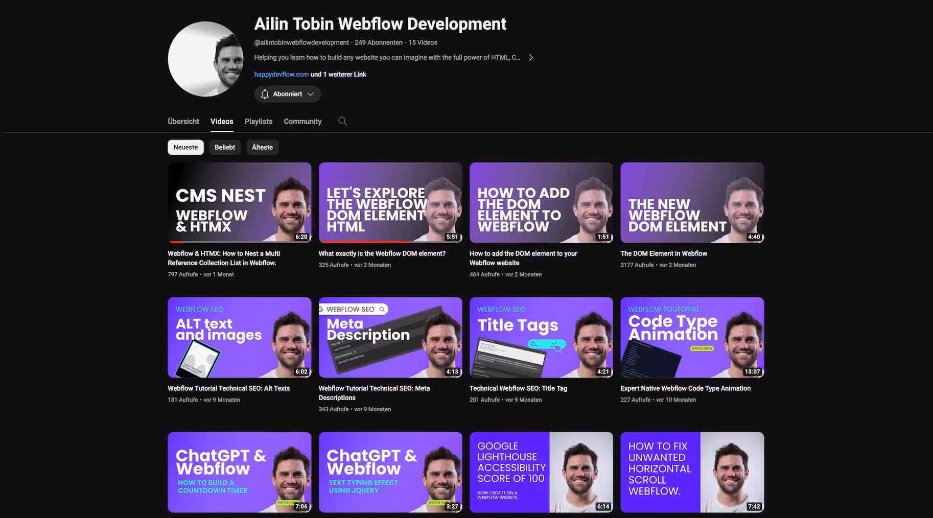 Screenshot YouTube Kanal Ailin Tobin Webflow Development