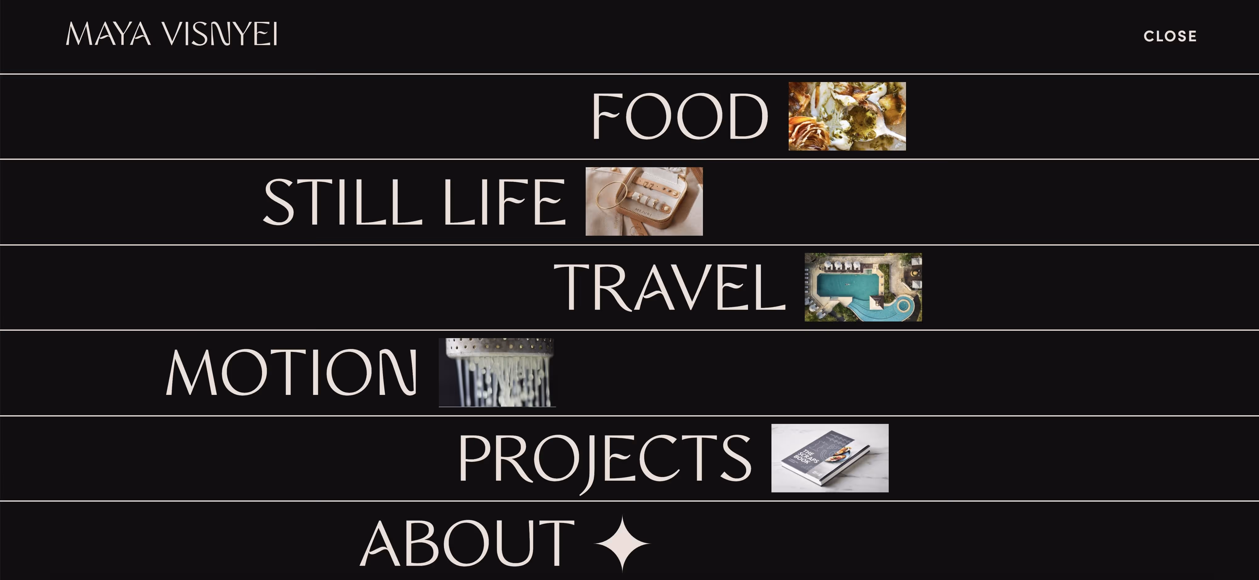 Screenshot des Navigations-Menüs auf der Website von Maya Visnyei