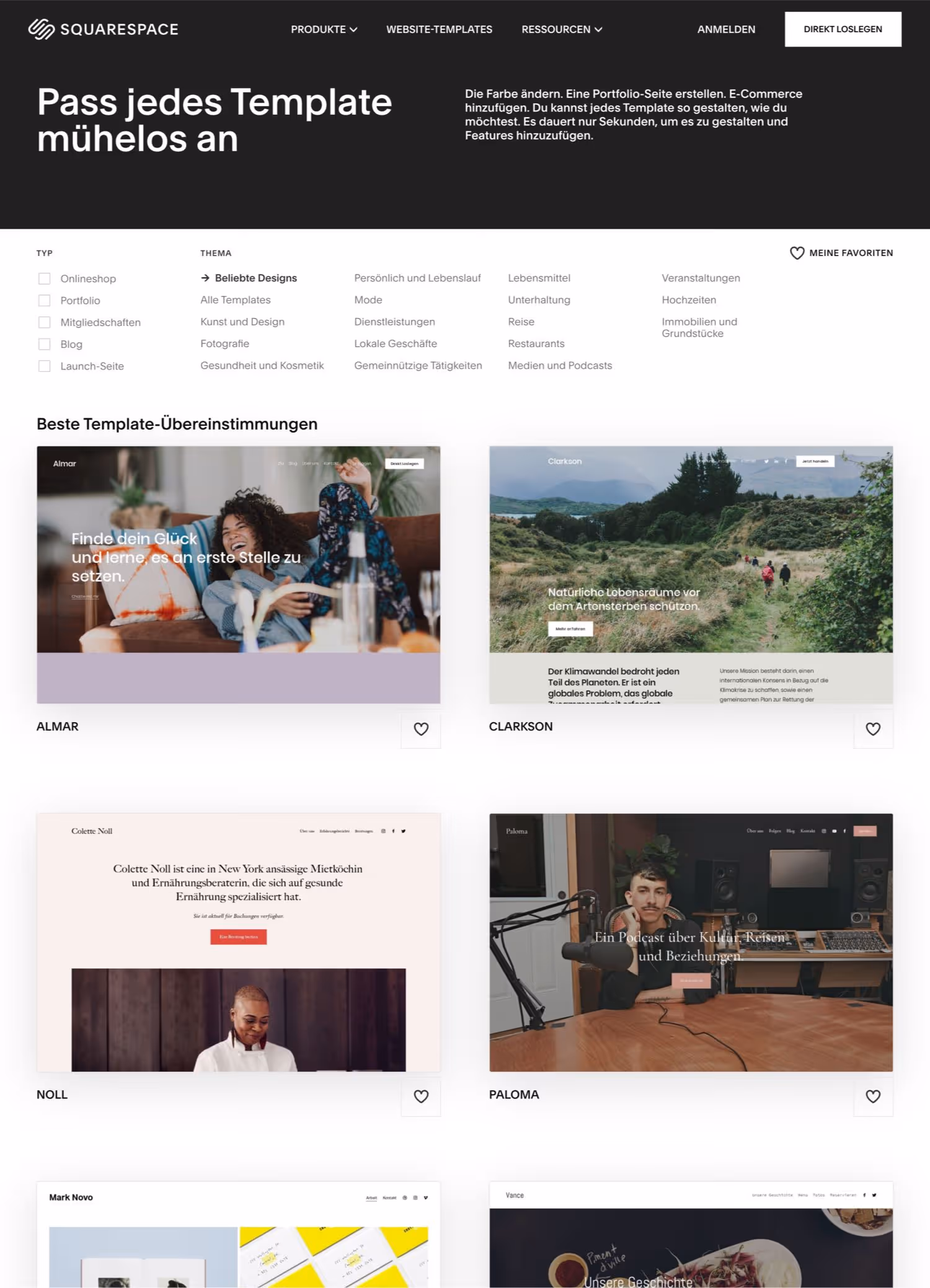 Squarespace Themes Übersicht