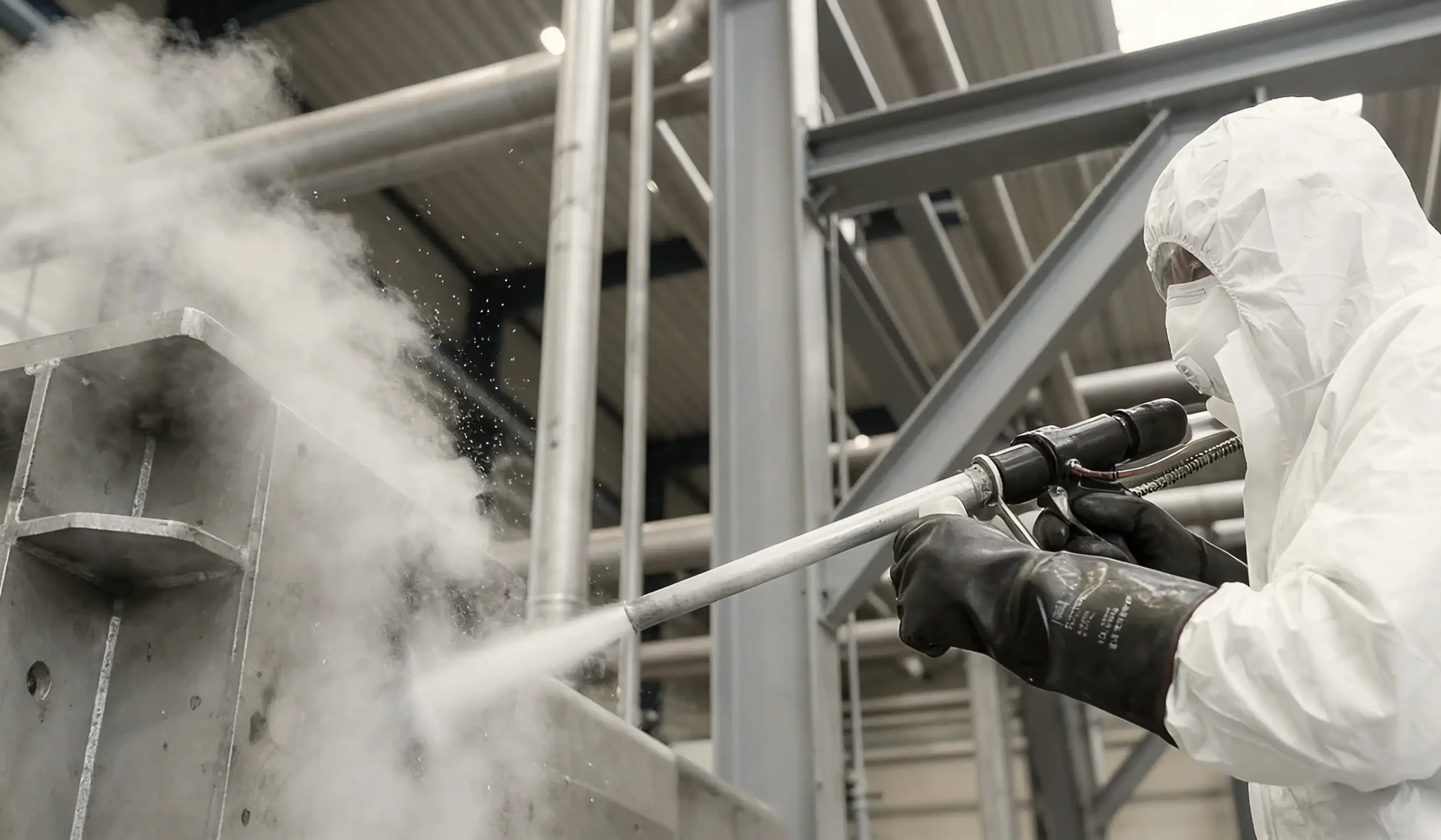 Person in protective suit and mask using a high-pressure spray gun to clean or coat a large industrial metal structure.