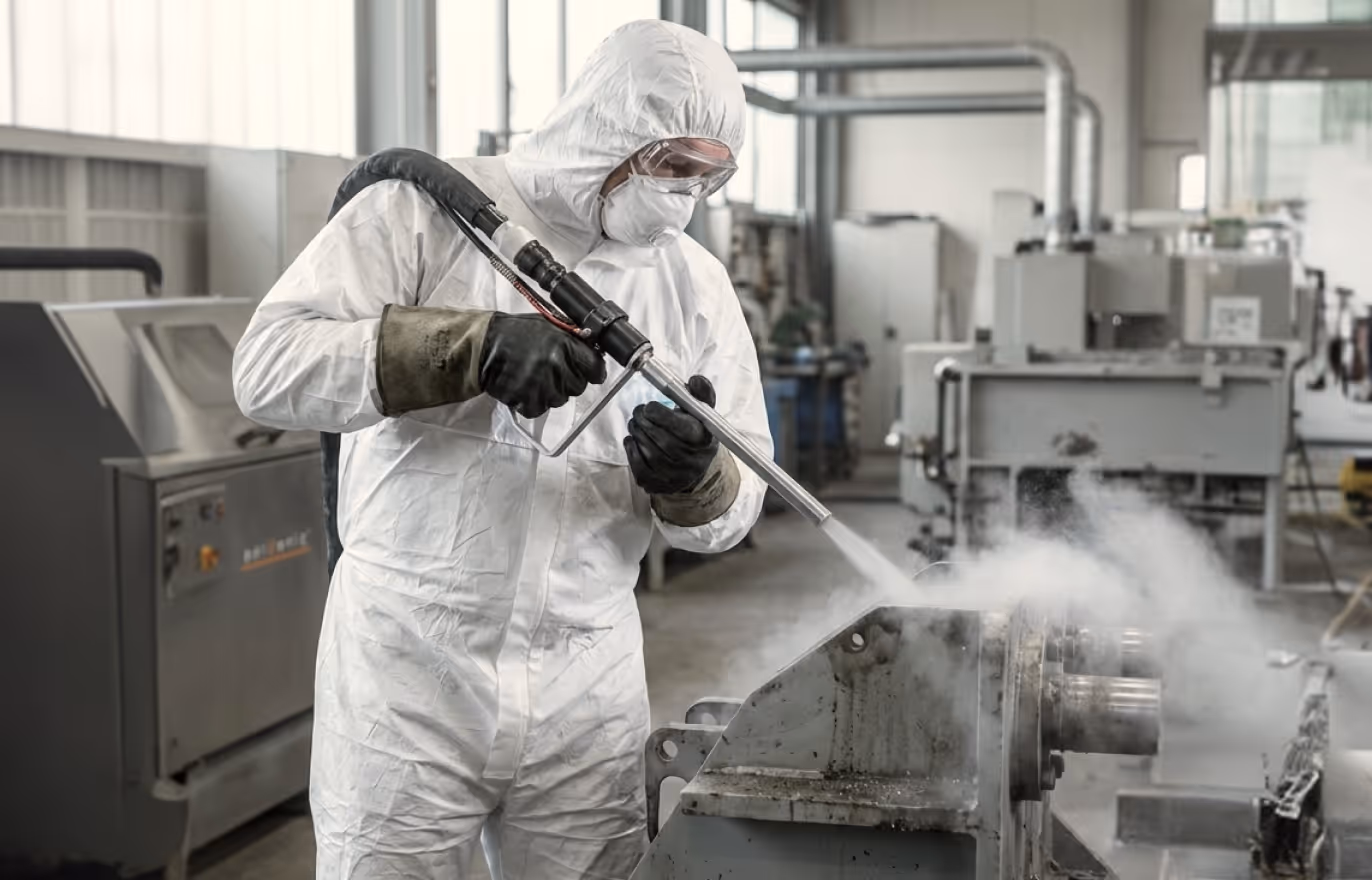 Worker in protective suit using a high-pressure steam cleaner to clean industrial machinery in a factory setting.