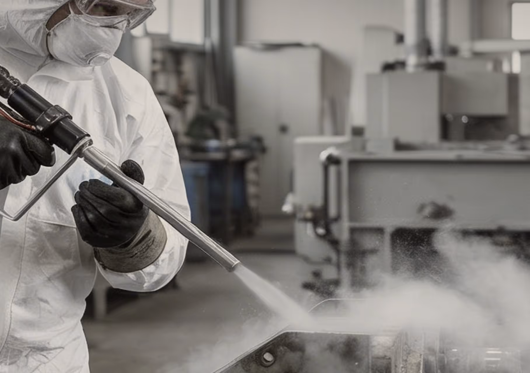 Worker in protective suit and gloves using a spray gun to clean or coat metal parts in an industrial setting.