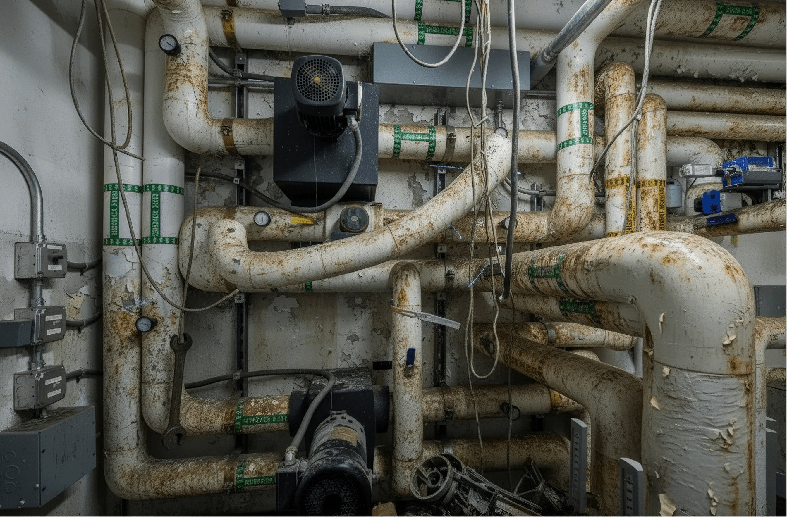 Rusty and worn network of industrial pipes, valves, gauges, and electrical boxes in a deteriorating maintenance room.
