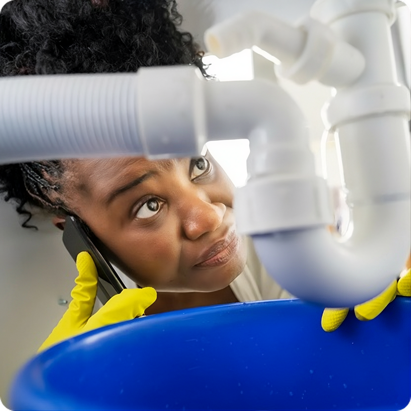 Woman wearing yellow gloves inspecting plumbing pipes under a sink while talking on a phone, with a blue bucket underneath.