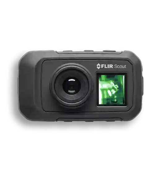 Front view of a FLIR Scout thermal imaging camera with lens and green display screen.