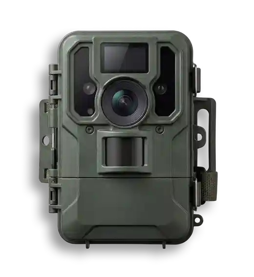 Front view of a rugged, dark green trail camera with a lens and sensors on a black background.