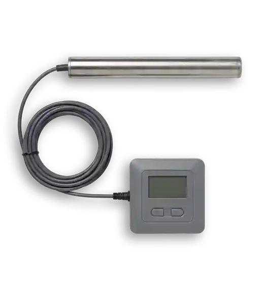 Digital soil moisture meter with a cylindrical sensor probe connected to a compact display unit.